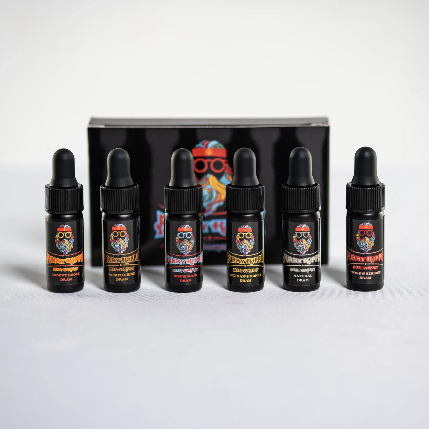 Sample pack with 6 premium beard oil scents by Furry Hippie Beard Company