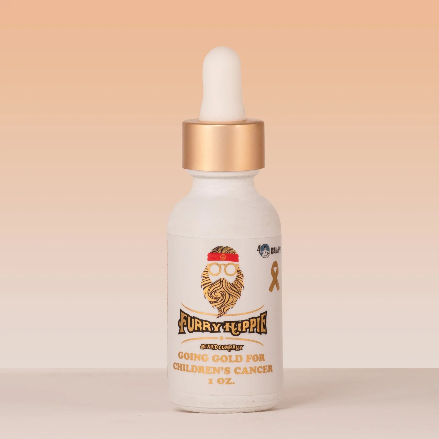 1oz bottle of Going Gold charity beard oil supporting childhood cancer research by Furry Hippie Beard Company
