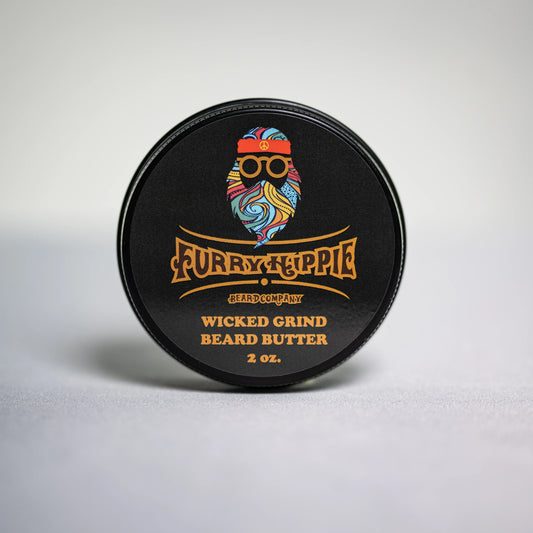 2oz jar of Wicked Grind peppermint mocha beard butter by Furry Hippie Beard Company
